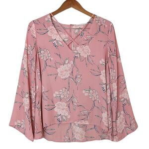 LUSH Pink Floral Crossover Chiffon Blouse Size Small